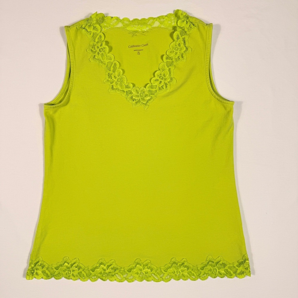 Coldwater Creek Womens XS Bright Yellow Green Lace V-Neck Tank Top Sleeveless - Picture 2 of 11
